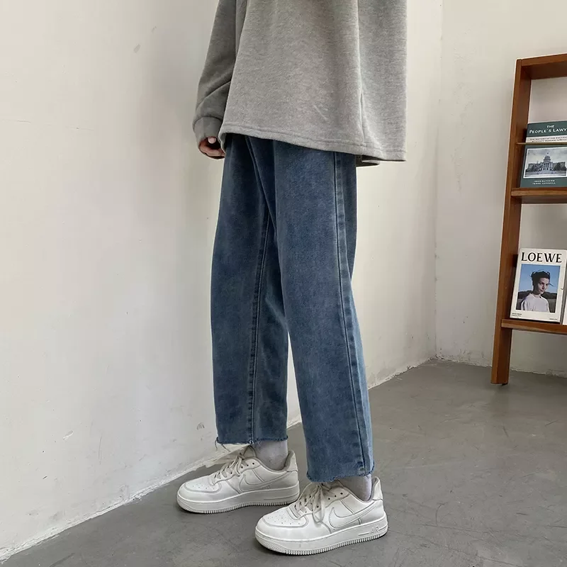 Gray Baggy Jeans 2021 Autumn New Korean Fashion Straight Denim Cropped Trousers Wide Leg Pants Male Streetwear Smoky