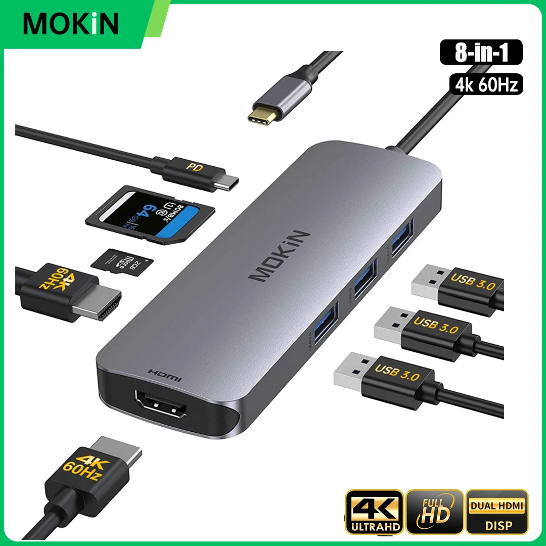 

MOKiN 8 in 1 Docking Station 4K@60Hz SD/TF Card Reader USB 3.0 HUB PD 100W Adapter For MacBook Pro Air PC Accessories USB C Hub