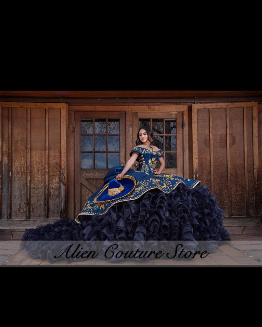 Великолепные синие платья для Quinceanera с многоярусными оборками и милыми бусинами