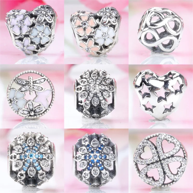 

925 Sterling Silver Flower Snowflake Dragonfly Crystal Beads For Original Pandora Charms Women Bracelets & Bangles Jewelry