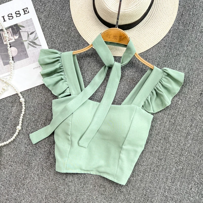 

Women's Tank Tops Ruffles Square Collar Hot Sweet Summer Sleeveless With Chest Pad Solid Color Camis Fashion Backless Crop Top