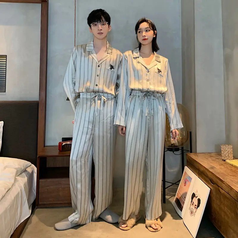 Lovers pajamas for men and women age season thin men leisurewear silk long-sleeved suit for young students