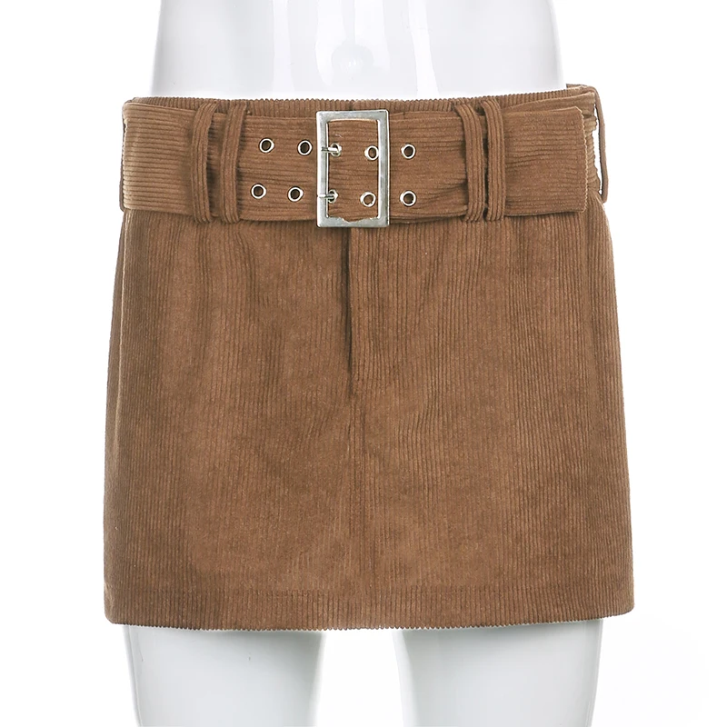 

2023 Indie Aesthetics Solid Low Rise Corduroy Skirts Y2K Vintage with Belt A-line Brown Skirts Fall 90s Fashion Short Bottoms