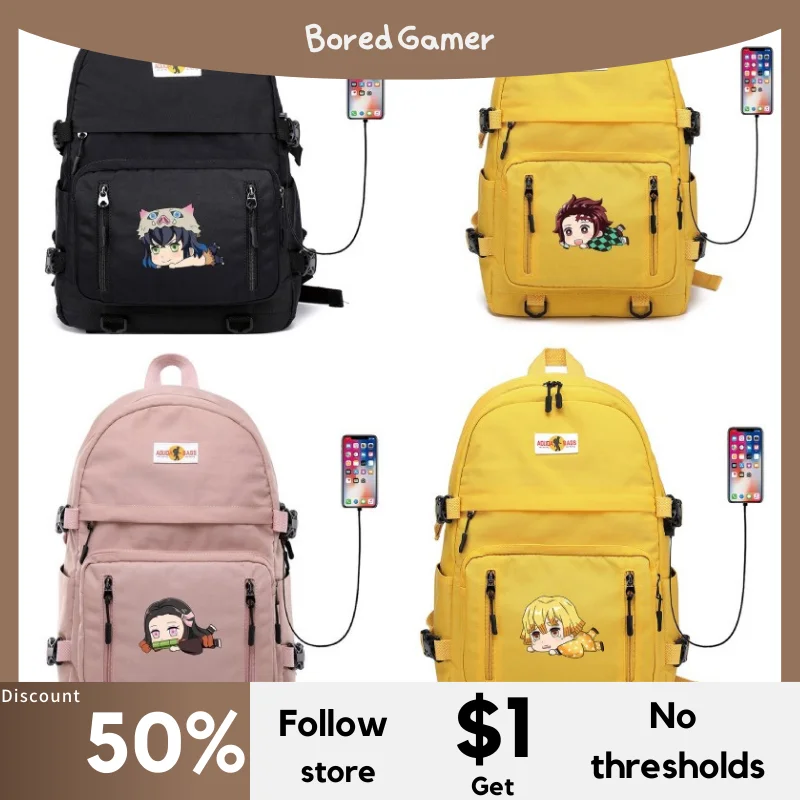 

Anime Demon Slayer Kimetsu No Yaiba Cosplay Cartoon Unisex USB Charging Port Backpack School Backpack Fashion Laptop Gifts
