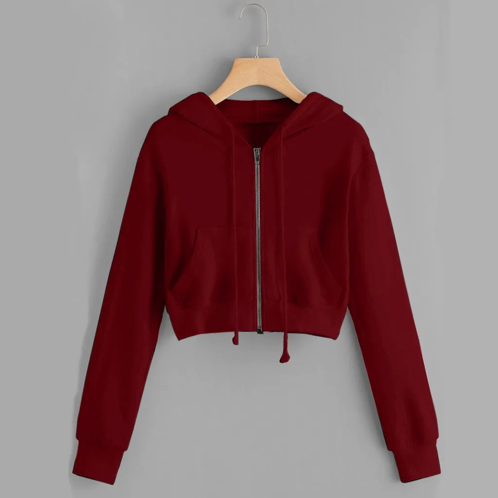 

Women Crop Top Casual Sport Tops Zipper Cardigan Long Sleeves Drawstring Hooded Ladies Solid Color Large Pockets Hoodies Shirts