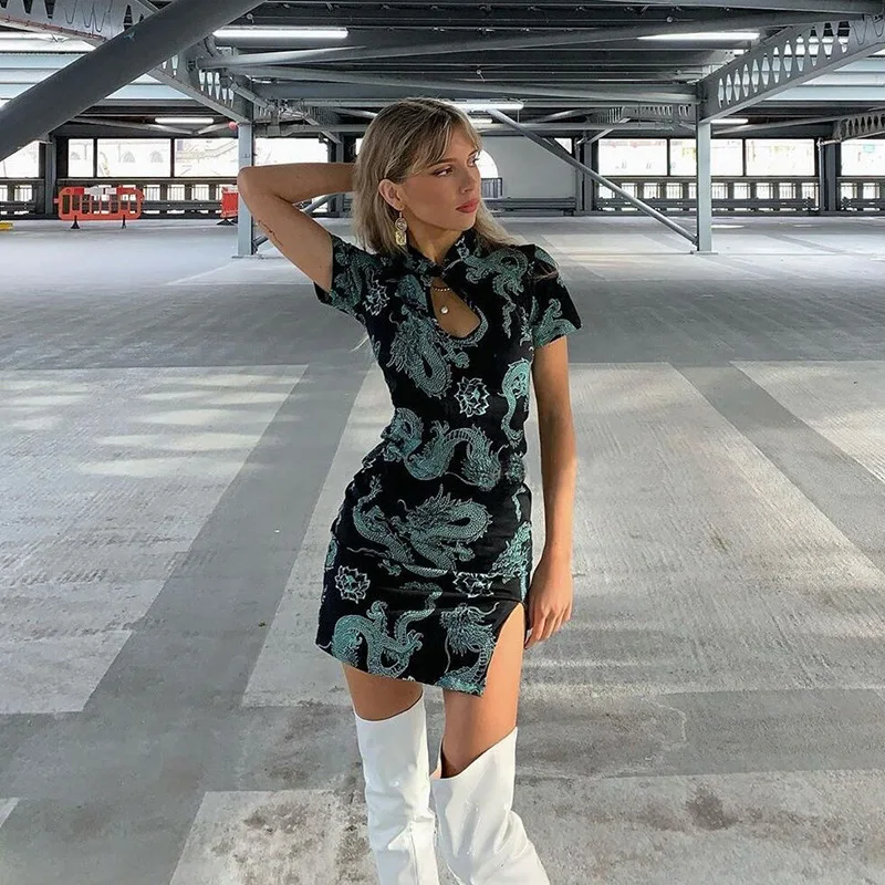 

Chinese Style Women's Cheongsam Vintage Round Collar Hollow-Out Slim Wrap The Buttocks Dress Design Printing Thin Female Skirt