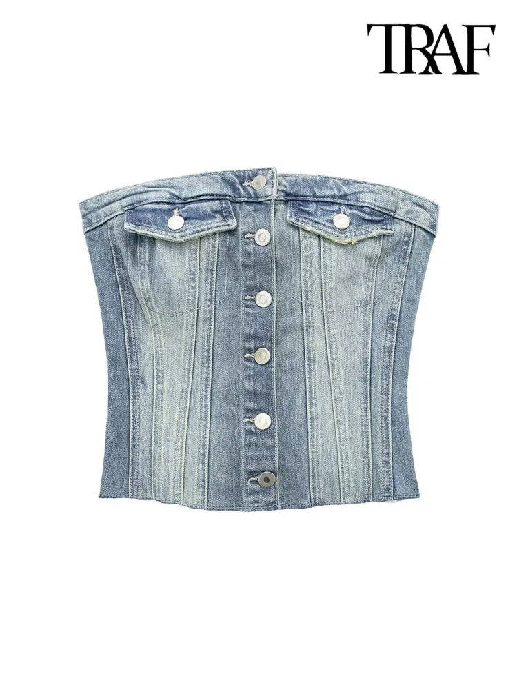 TRAF Women Fashion Strapless Denim Bustier Tank Tops Vintage Straight Neck Front Button Female Camis Mujer