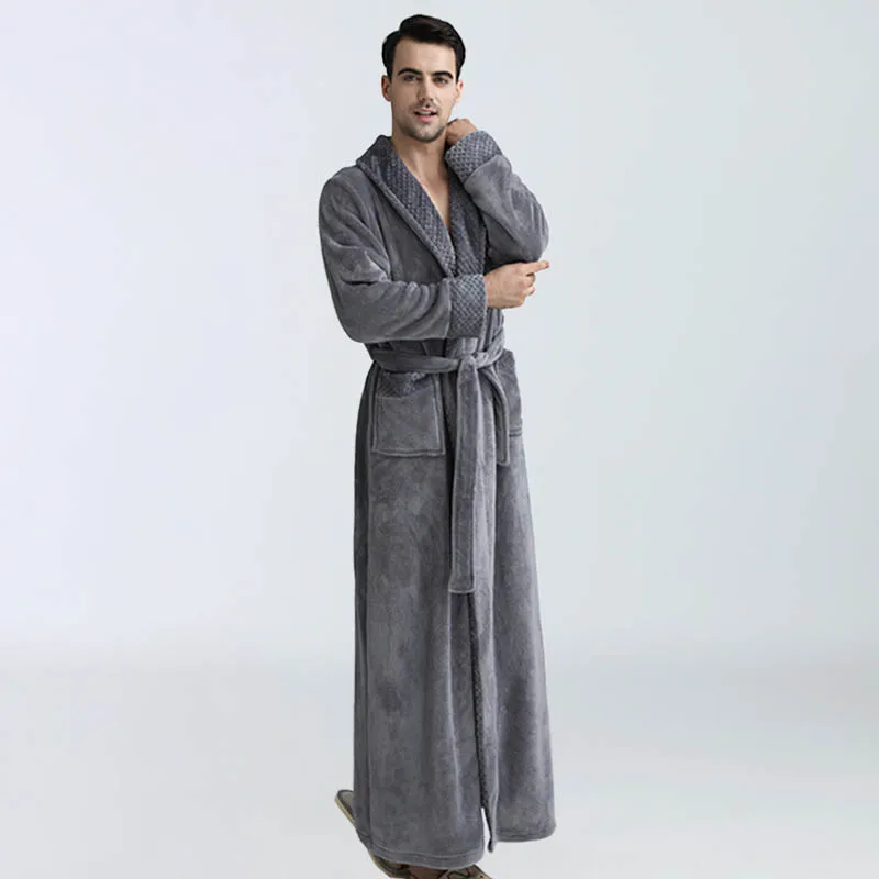 Men's Winter Warm Velvet V-neck Bathrobe Long Thickened Pajamas Coral Velvet Solid Color Long-sleeved Pajamas Hotel Bathrobe