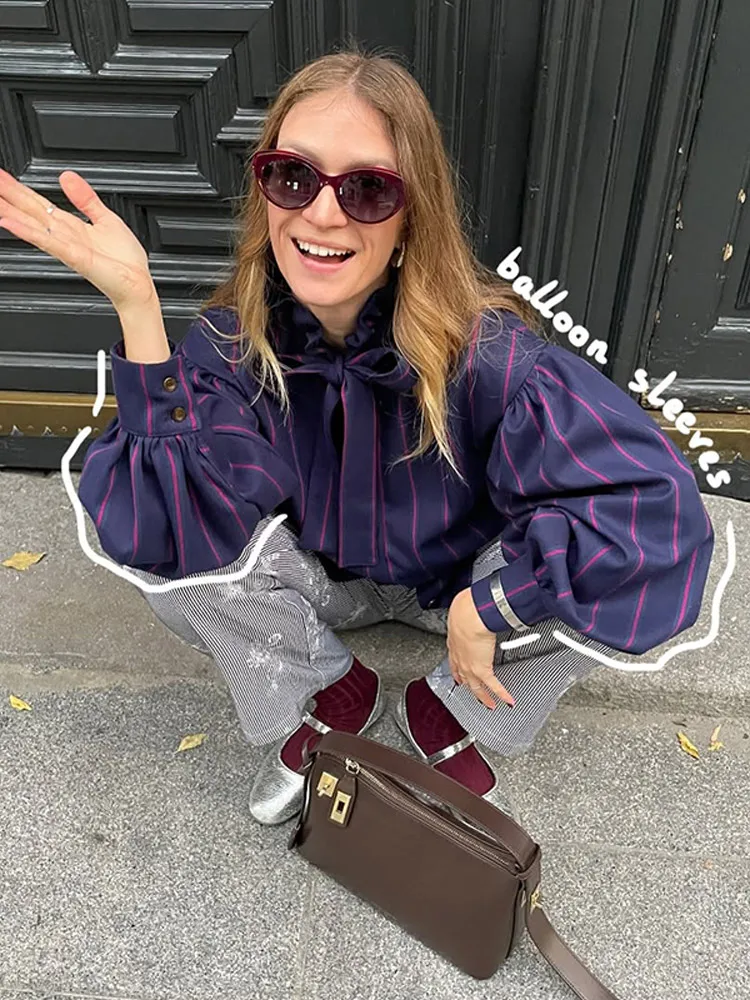 Повседневная полосатая женская рубашка с круглым воротником и длинными рукавами