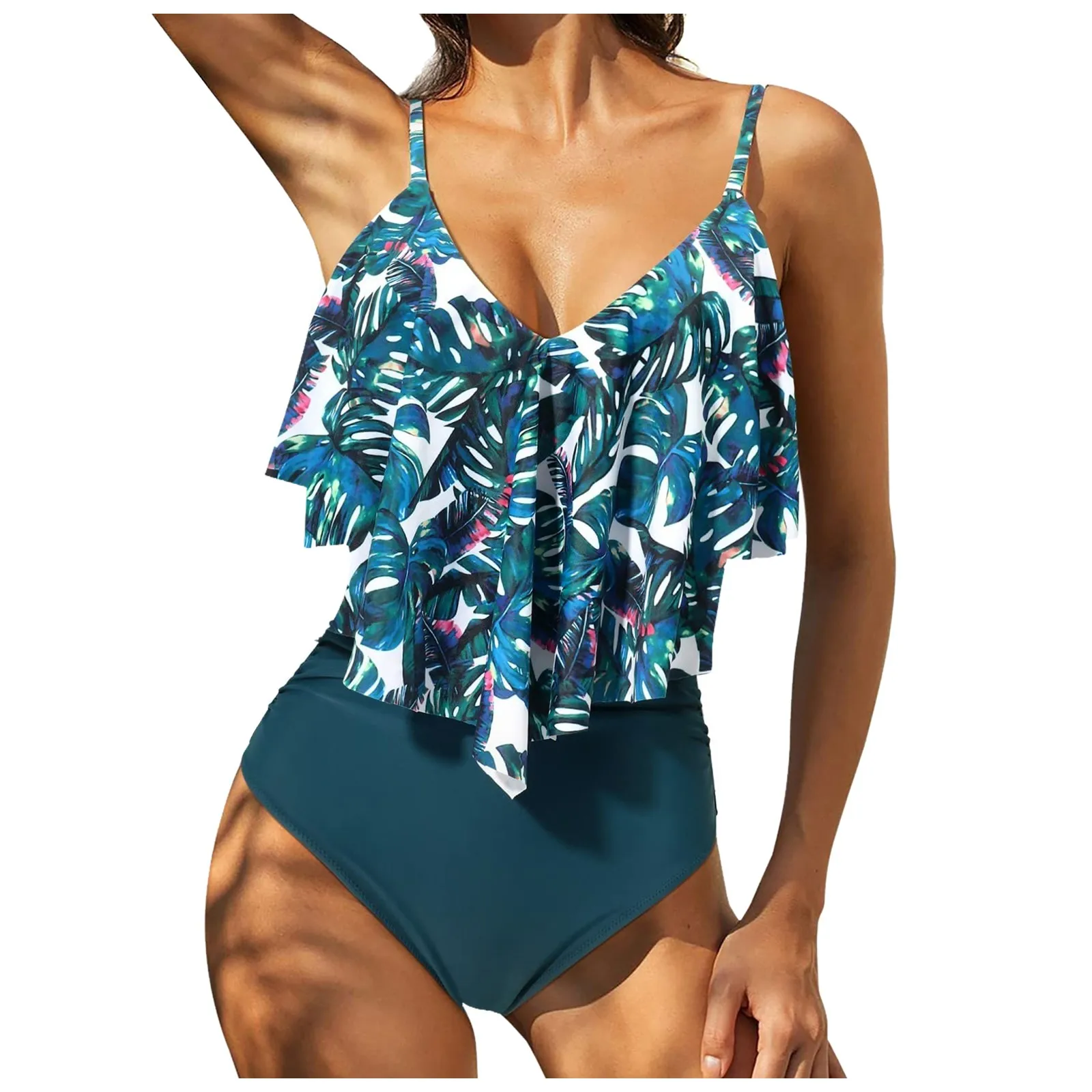 

Ruffle One Piece Swimsuit Women Sexy Printed Bathing Suit Push Up V-neck Back String Swimwear Female Monokini Beach Wear