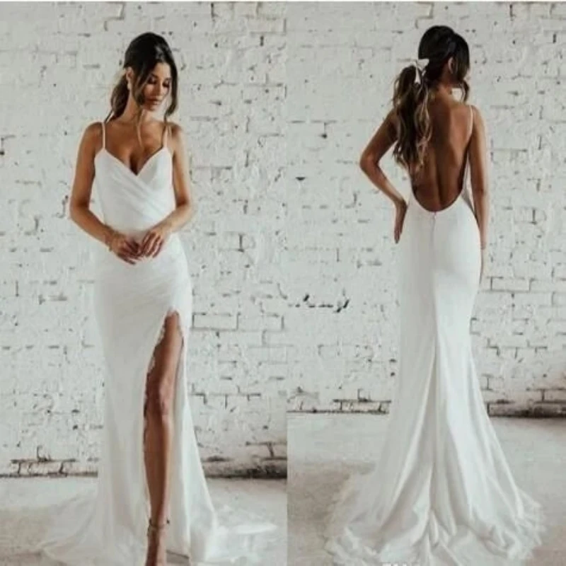 

13861 # простое свадебное платье на тонких бретельках с открытой спиной, сексуальное свадебное платье с V-образным вырезом, со шлейфом и юбкой-годе, свадебное платье 2022