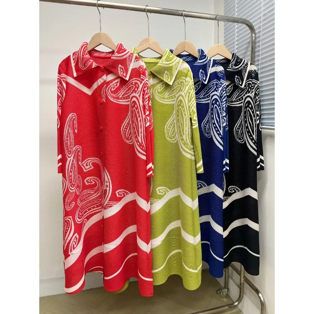 

Miyake Pleated Dress Loose Printed Long Dress Striped Single-breasted Shirt Dress Large Size Casual Women's Maternity Clothes