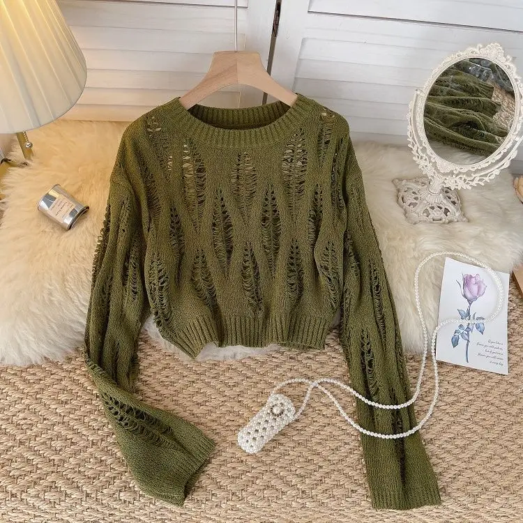 Свободный короткий свитер с вырезами вязаная Солнцезащитная рубашка джемпер