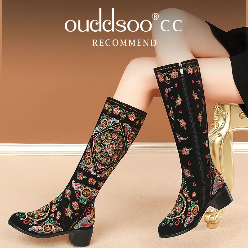 Ods Womens Genuine Leather Knee High Embroidered Vintage Shoes Ethnic Style Winter Zipper Cow Suede Lace Up Long Boots 40414243