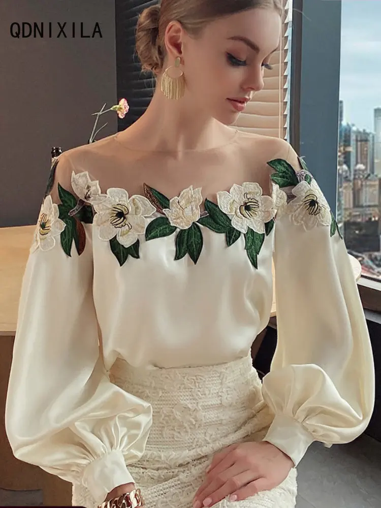 

Fashion Woman Blouse 2023 Mesh Panels Off Shoulder Flowers Embroidered Long-sleeved Shirts Top Fine Elegant Blouses for Women