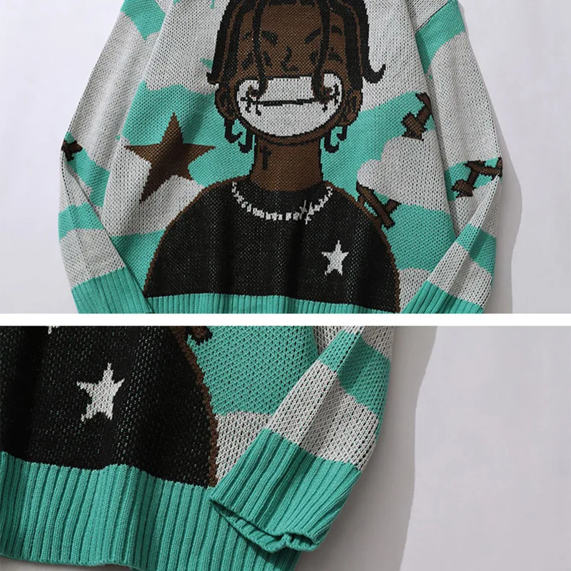 Harajuku vintage cartoon anime knitted sweater men winter oversized rock hip hop rap pullover women jumper ugly sweater