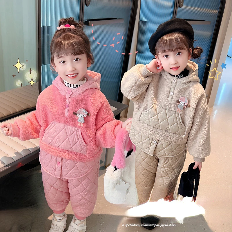 

Children Cotton Coat Thick Warm Lamb Velvet Stitching Hooded Sweater Pants Two-piece Suits Girls Winter Clothes Boys Outwear