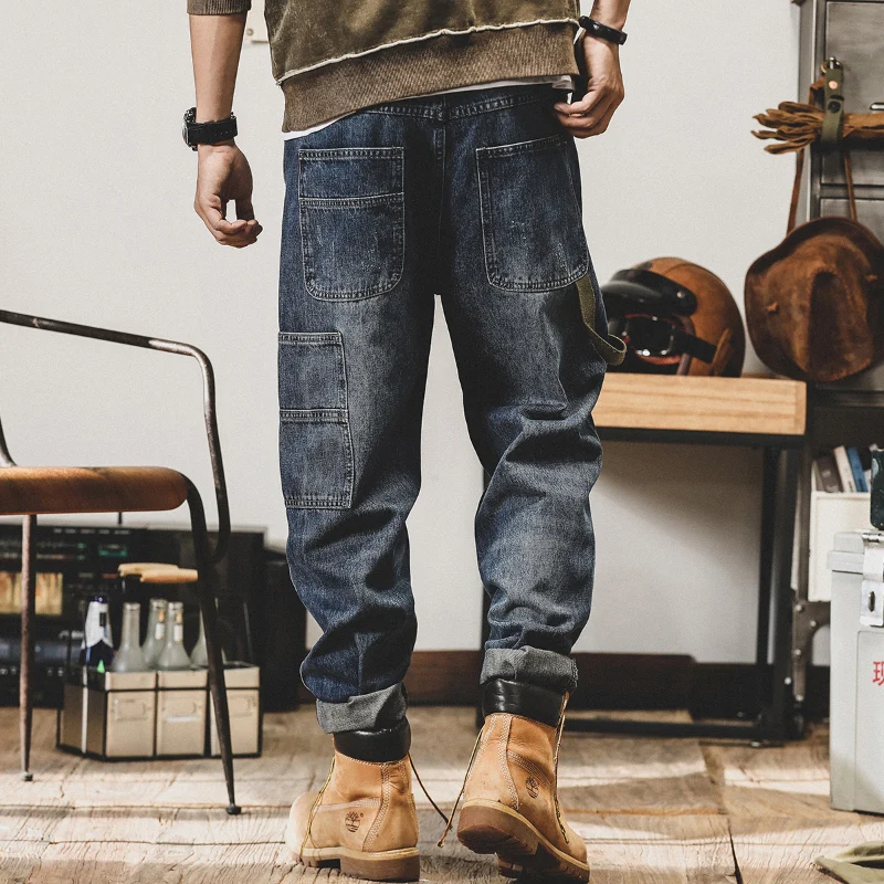 

Streetwear Fashion Men Jeans Loose Fit Multi Pockets Casual Denim Cargo Pants Men Overalls Hip Hop Jeans Homme Wide Leg Trousers