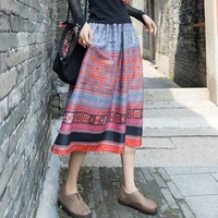 2022 women traditional vintage long skirt national flower print cotton linen skirt oriental retro loose elastic waist skirt
