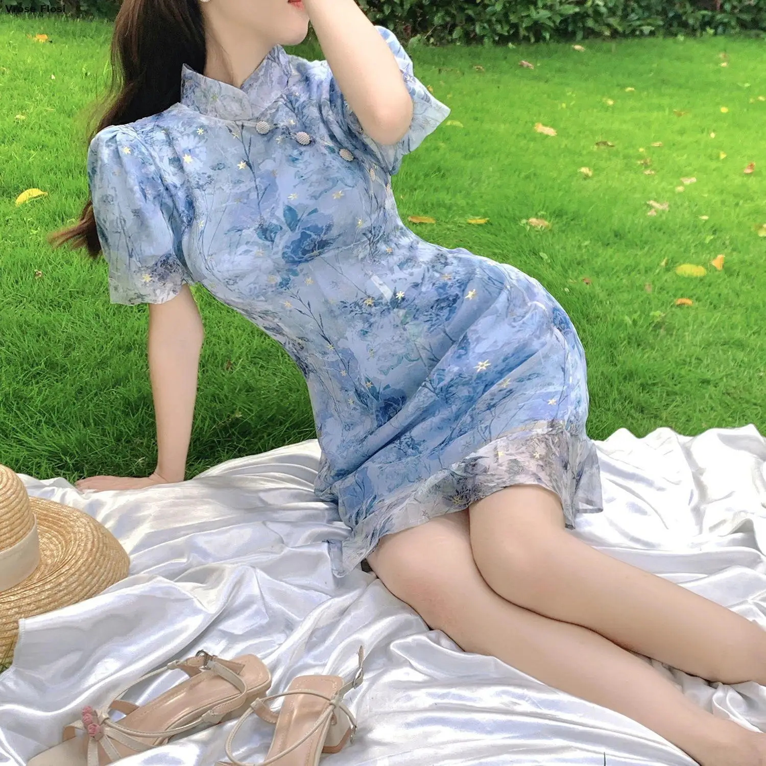 2024 летнее французское современное китайское платье с коротким рукавом