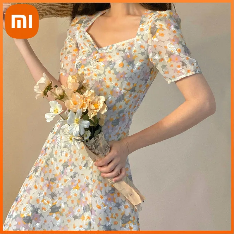 

Xiaomi Floral French Dress Elegant Women Summer V-Neck Short Sleeve Fairy Dress Print Chic Retro Sweet One-piece Dress Korean