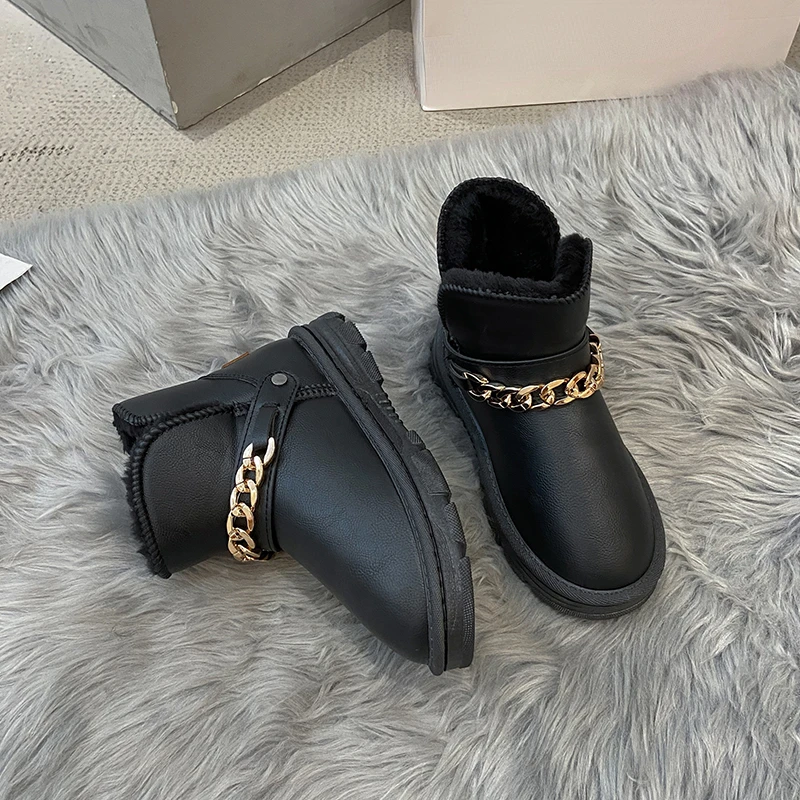 Non-Slip Snow Boots Women Shoes Woman Martin Boots Platform Metal Chain Warm Velvet Short Lattice Luxury Designer Beige Black