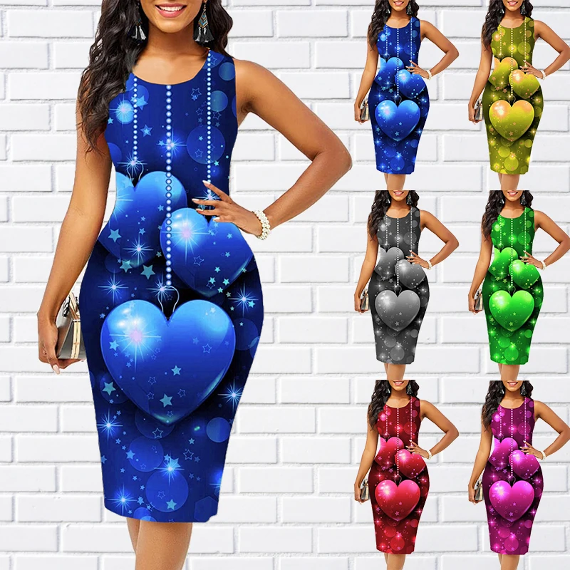 

Summer Elegance Tight Skirt Sleeveless Skirt Everyday Sexy Knee-length Skirt Women Round Neck New Design Printing Tight Skirt