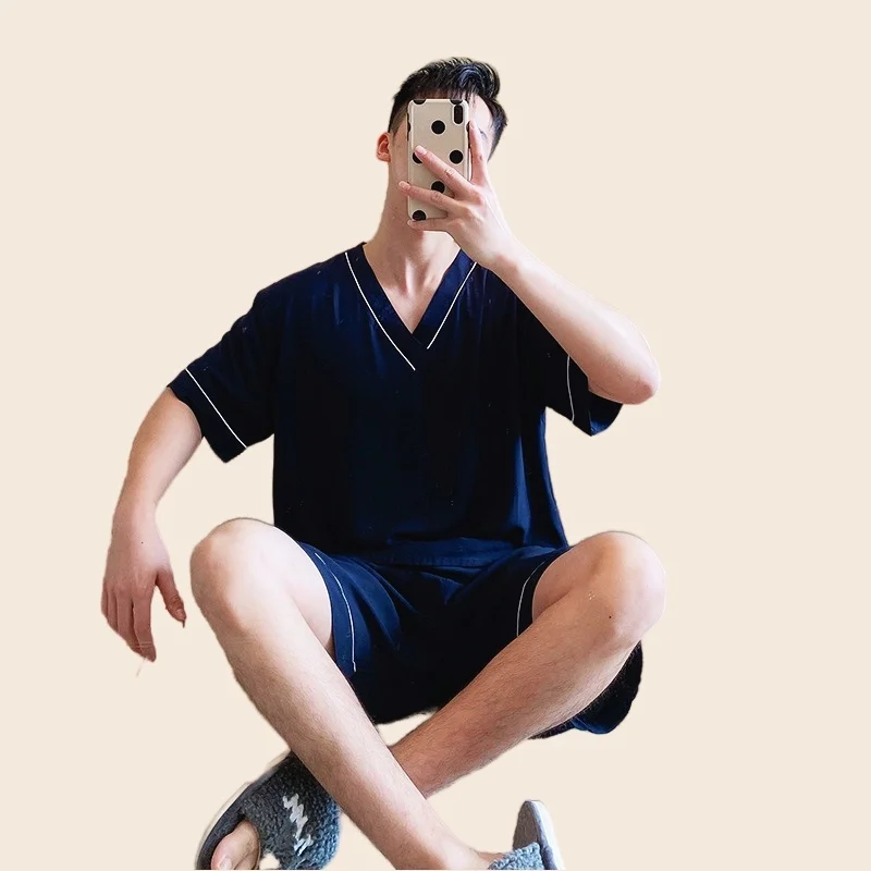 Men's Pajamas Set Short Sleeve T-shirt Shorts 2Piece/Set Summer Casual V-Neck Pyjams Homewear Cozy Plus Size Simple Sleepwear