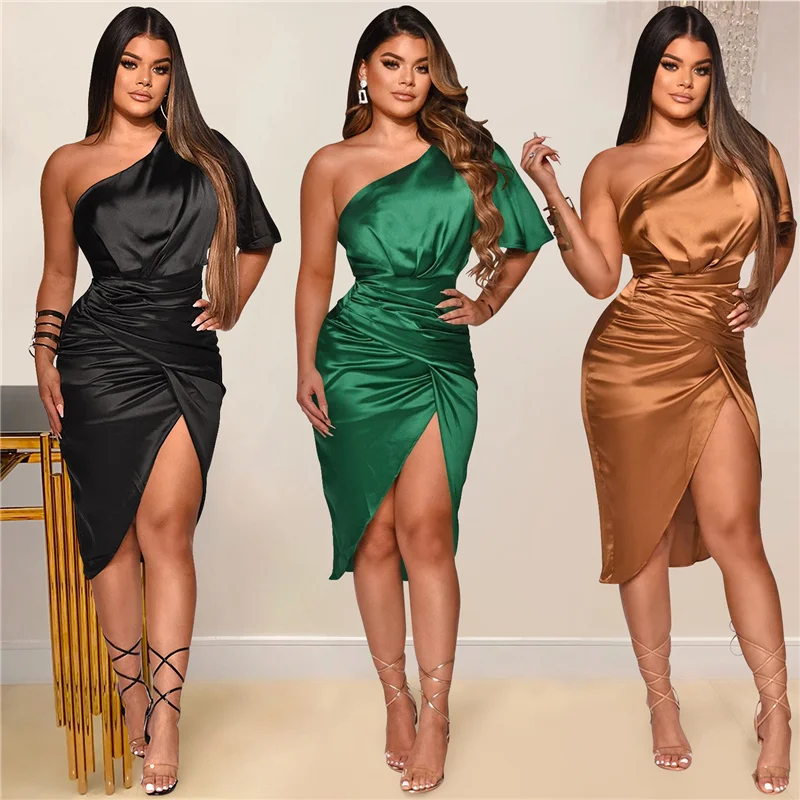 

Sexy Dress 2022 New Fashion One Shoulder Solid Color Evening Women One Shoulder Slit Dress
