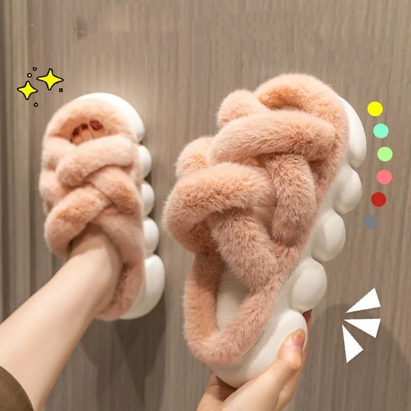 

autumn and winter slippers warm home fur slippers fluffy furry home thick bottom slippers fashion cute outer wear shoes