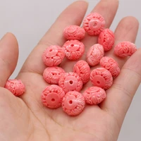 50pc natural coral red flat round through hole bead carved pendant for jewelry makingdiy necklace earring accessories charm gift