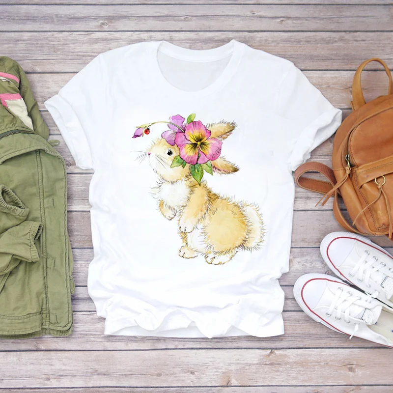 

Ladies T Shirt Graphic Cute Rabbit Print Short Sleeve Ladies Women Outdoor Aesthetic White T Shirt Girls Casual Fashion Top T Sh