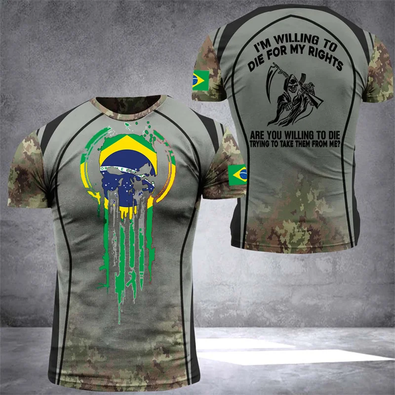 

2023 Vintage Brazil Men's T-Shirts 3D Printed Flag Veterans Brazilian Shirt O-Neck Oversized Streetwear Short Sleeves Camo Tops