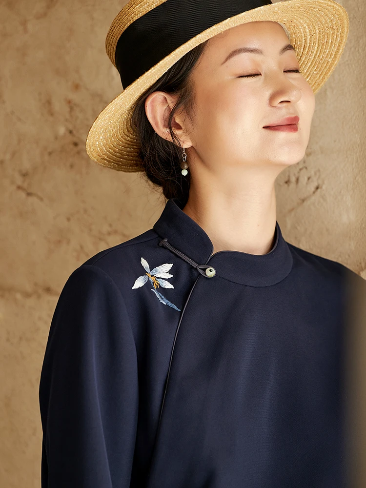 Cloth Master Original Design Autumn New Embroidered Long sleeve Stand Collar Top Chinese High Sense Shirts Women