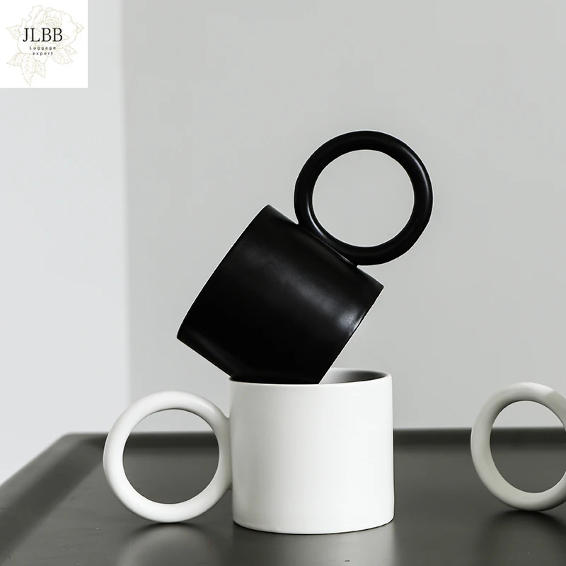 

300ml white wine black ceramic cup with large round handle personalized coffee tea milk cup modern home office couple cup
