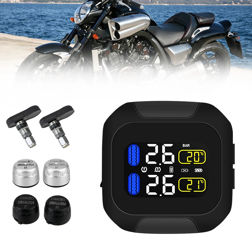 

Motorcycle TPMS LCD Display Motor Tire Pressure Monitoring System Tyre Temperature Alarm with 2 External Internal TH/WI Sensors