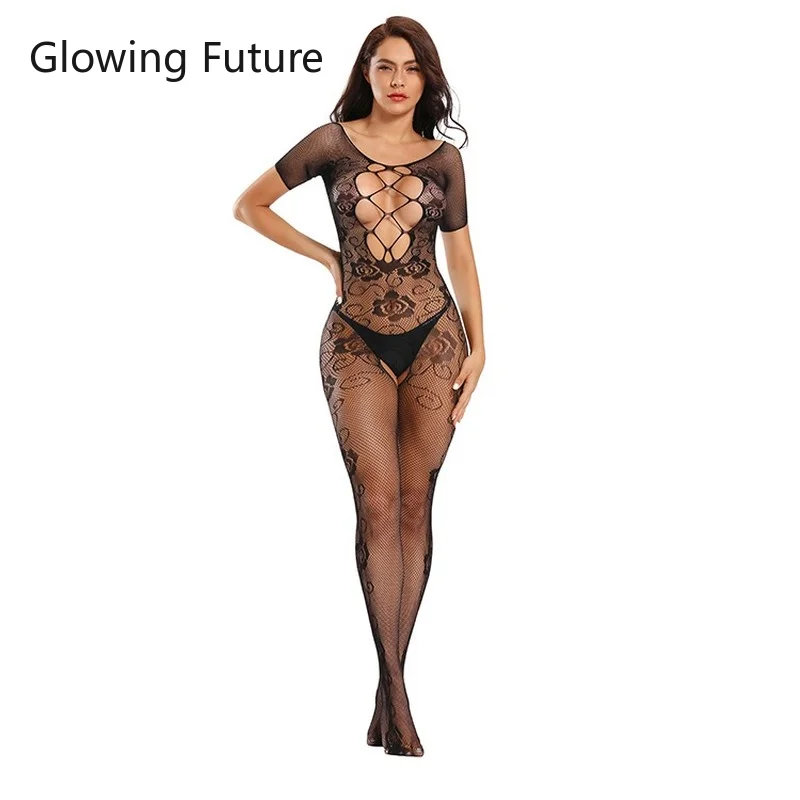 

Erotic Woman Outfit Open Crotch Sexy Lingerie for Women Floral Print Erotic Nightwear Black See Through Bodysuits Without Thong