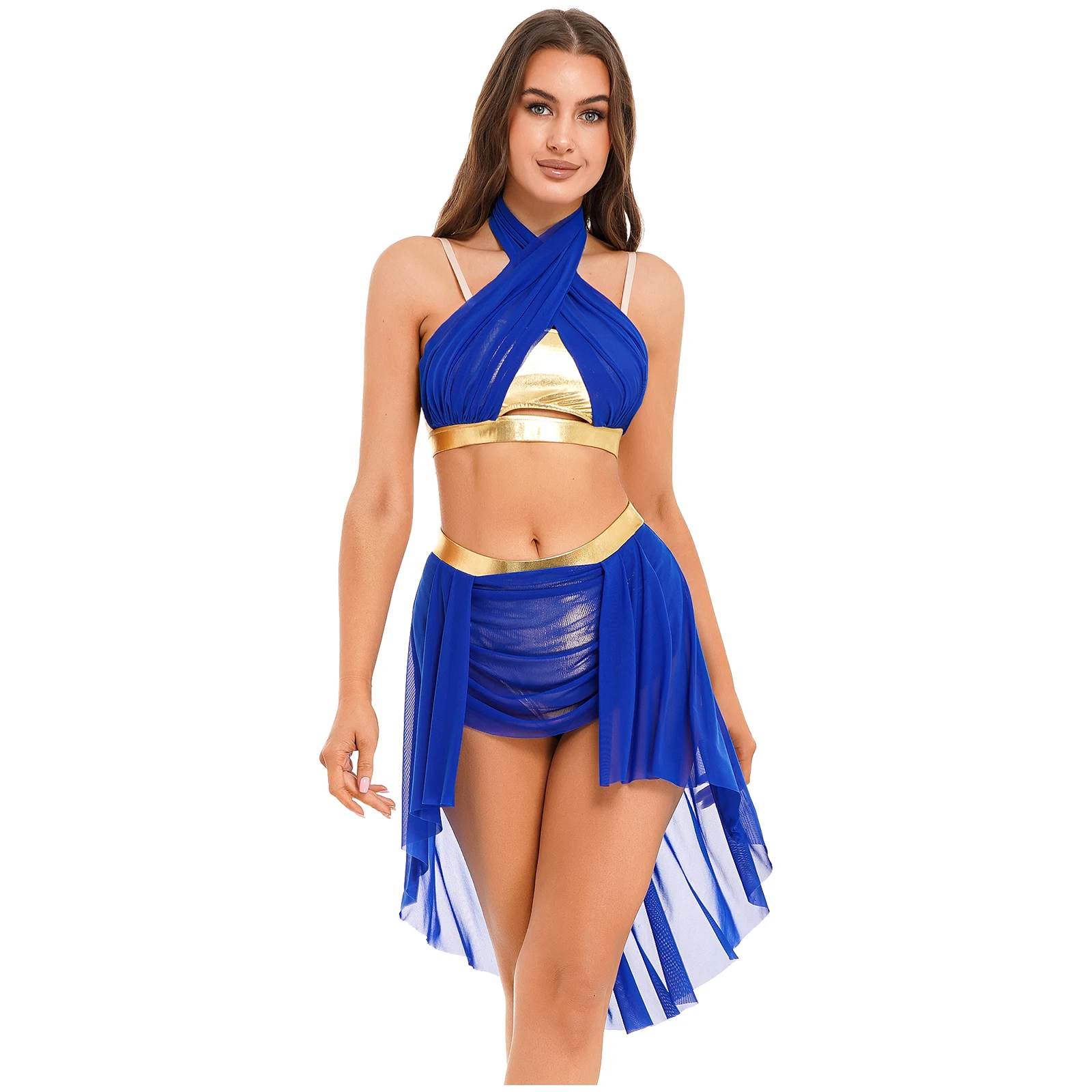 

Womens Modern Dance Performance Costume Jazz Lyrical Dance Dress Outfit Color Block Sleeveless Crop Top Split Ruffled Skirt Sets