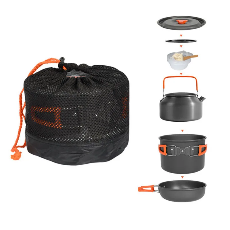 

Camping Cooker Kit Portable Outdoor Tableware Aluminum Kettle Frying Pan Travel Picnic BBQ Cooking Equipment For 2-3 People