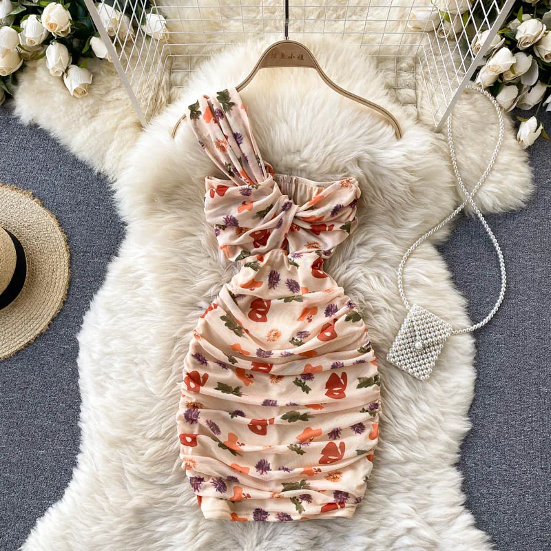

Sexy One Shoulder Ruched Bodycon Mini Dress 2022New Women Summer Fashion Floral Print High Waist Sleeveless Party Dress Vestidos