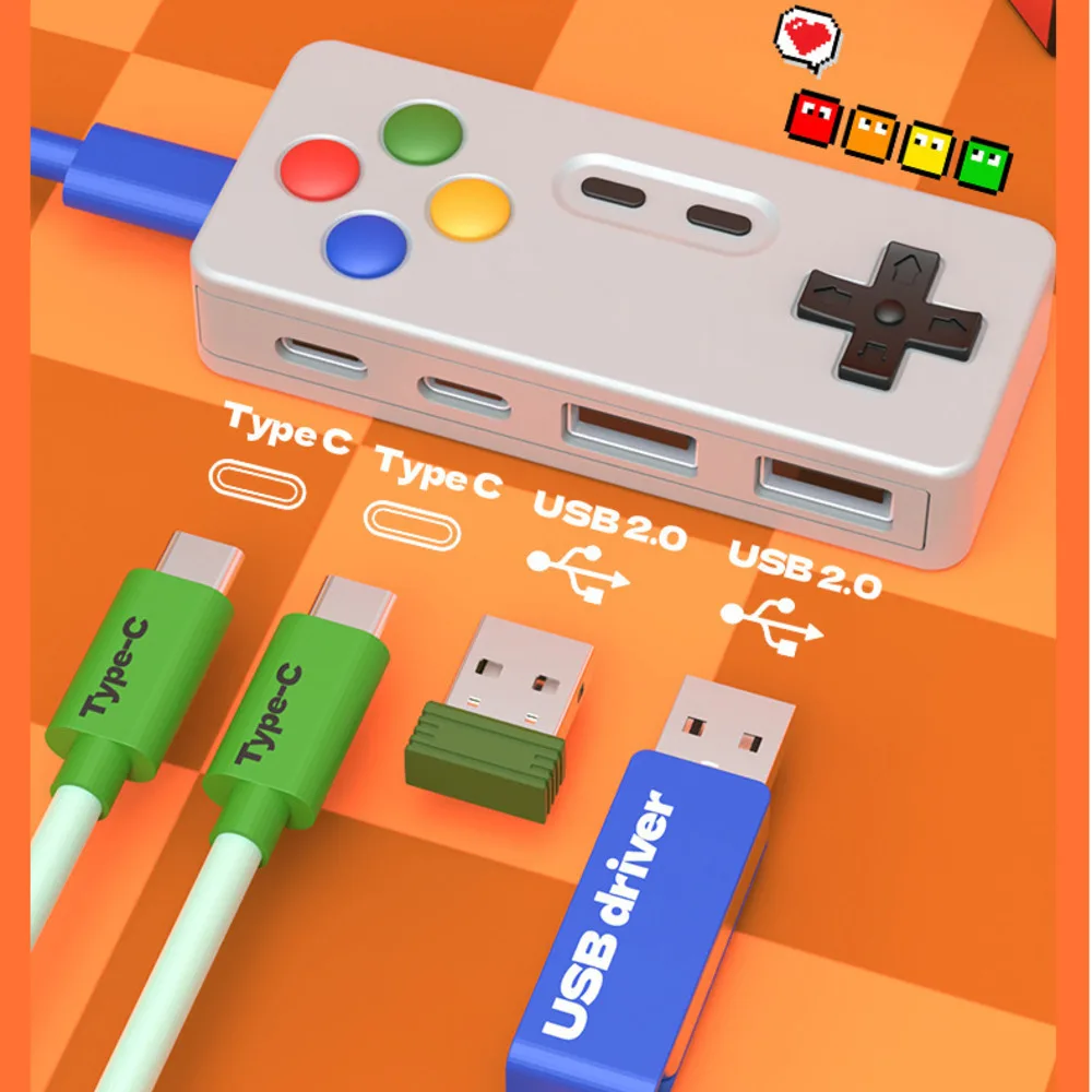 Расширение GamePad Shape Design HUB Мышь Клавиатура Мультяшный USB-конвертер Разъем 4 в 1 Type-C