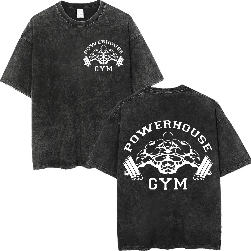 Фото Футболки с двусторонним принтом и логотипом Powerhouse Gym, модная потертая футболка в стиле ретро для мужчин и женщин, повседневные свободные хлопковые футболки №2