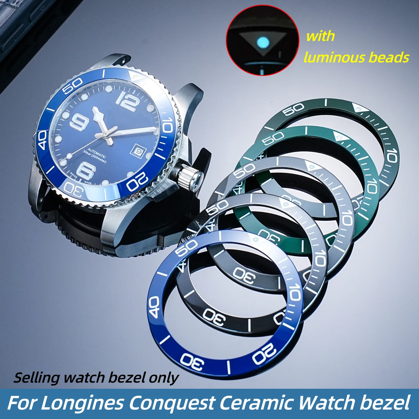 Фото Керамический безель с люминесцентной вставкой для Longines Conquest Hydroconquest 39*31.2 или 40.6*32. Вставка для безеля 4 мм, черная, зеленая, синяя №2
