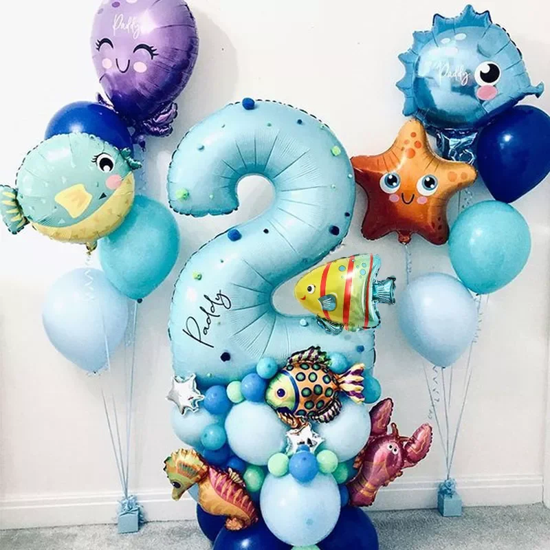 

NEW2022 45Pcs Ocean World Under Sea Animal Balloons Blue Number Foil Balloon Kids Birthday Party Decoration Baby Shower Helium G