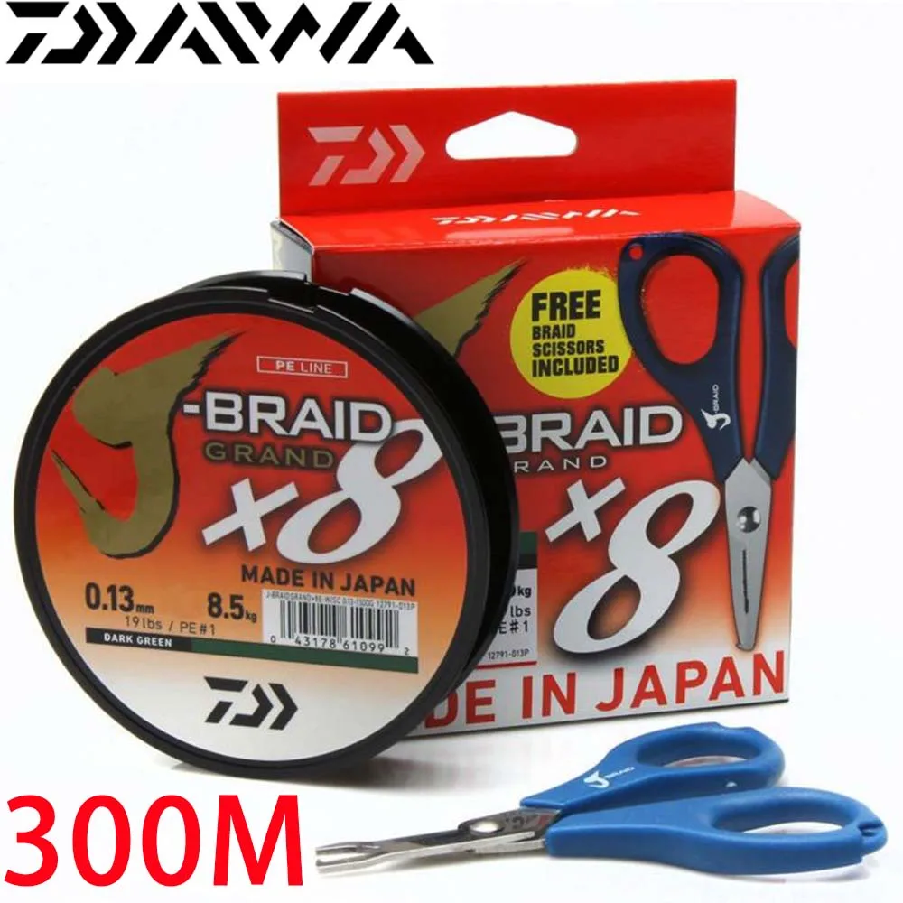 

DAIWA J-BRAID GRAND 8 Braided Fishing Line with Free Braid Scissors - Length:300m/330yds, Size:14-100lb, Japan PE 8 Strands Line