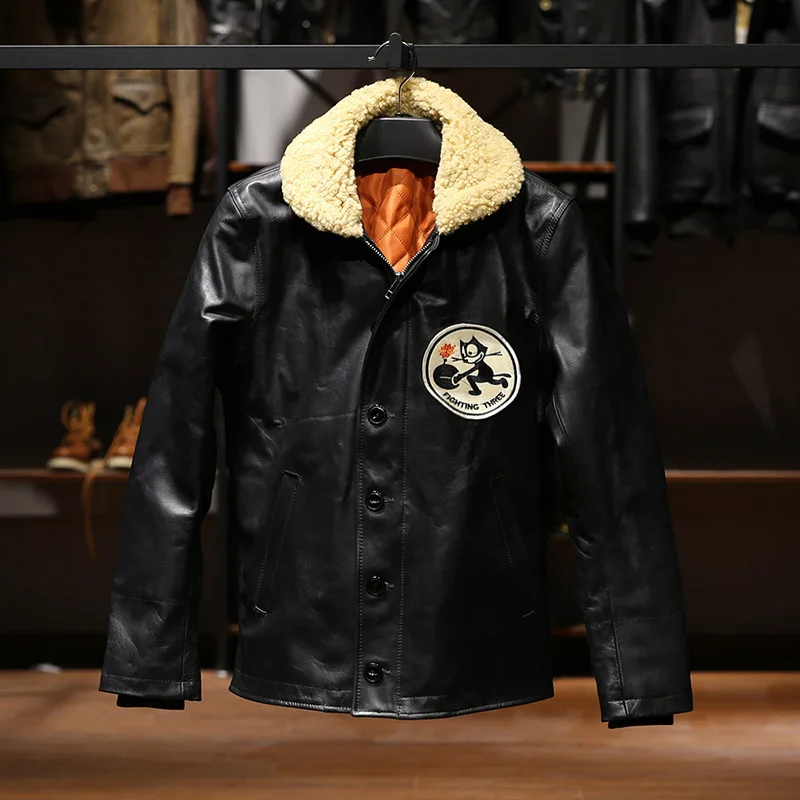 

LZN1 Asian Size Men's Slim Vintage Genuine Cow Leather Wool Collar N1 Jacket