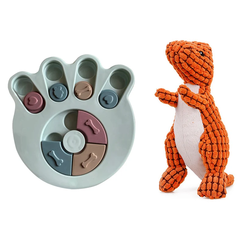 

1 Pcs Biting Molar Teeth Dinosaur Squeaking Dog Toy & 1 Pcs Dog Treat Dispenser Interactive Dog Toy