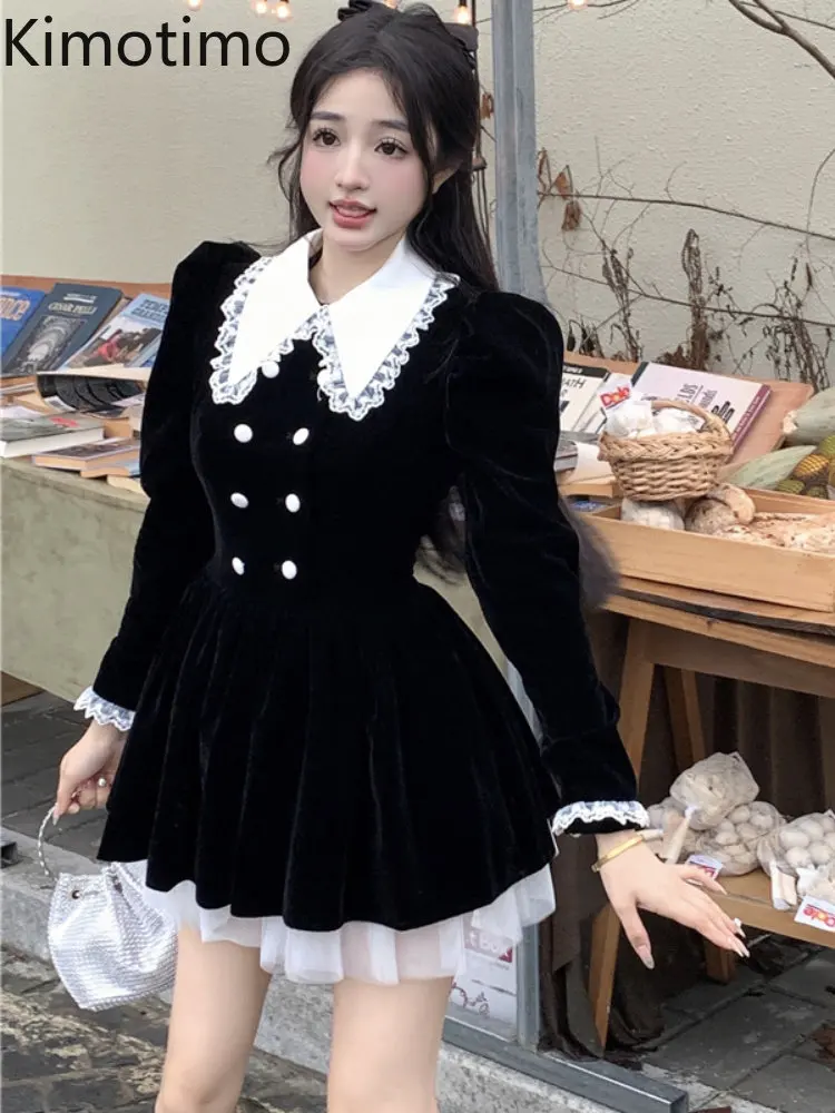 

Французское бархатное платье Kimotimo в стиле ретро, женские плиссированные платья-трапеции в стиле Хепберн с кукольным воротником и оборками ...