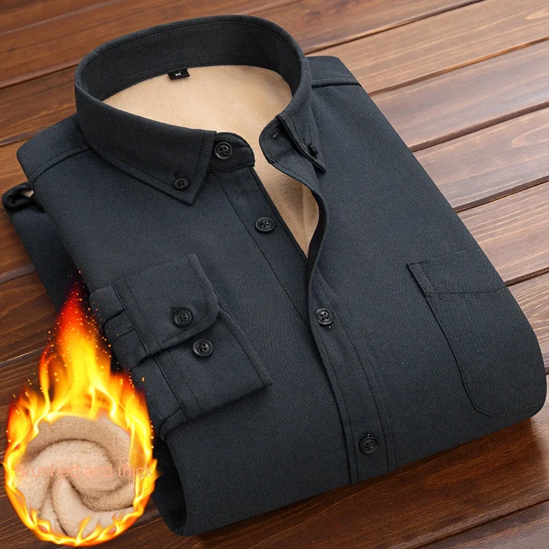 Рубашка мужская приталенная с длинным рукавом теплая бархатная плотная