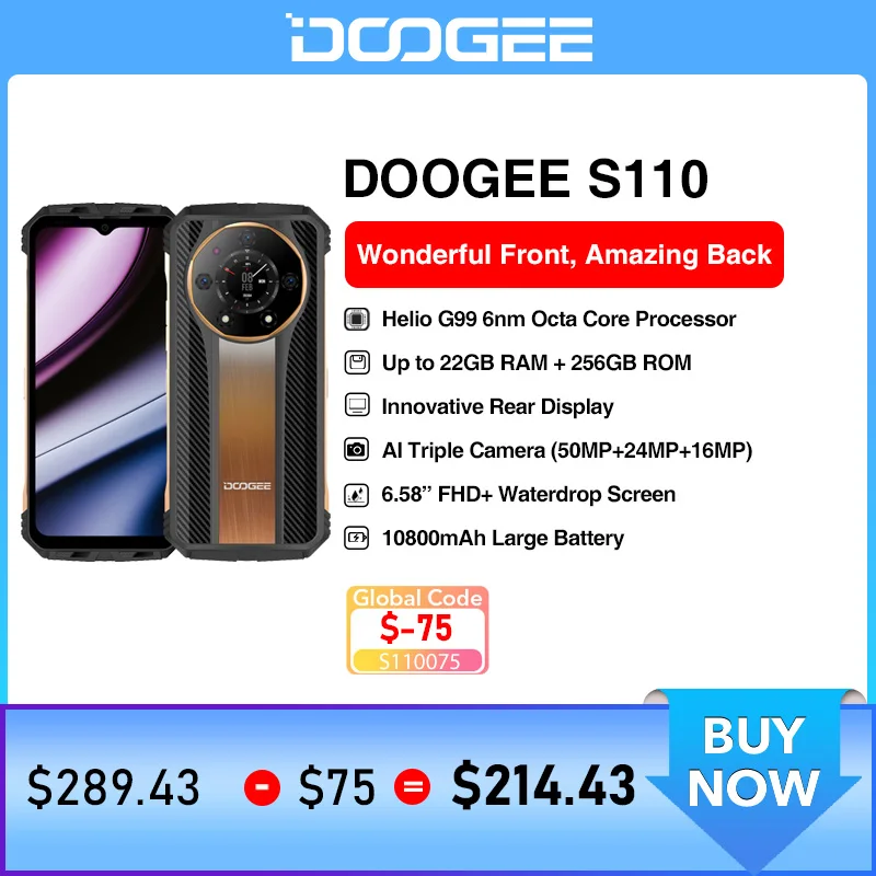 Смартфон DOOGEE S110, прочный, 12 + 256 ГБ, экран 6,58 дюйма FHD Waterdrop, Helio G99 восемь ядер, 66 Вт, быстрая зарядка, аккумулятор 10800 мАч